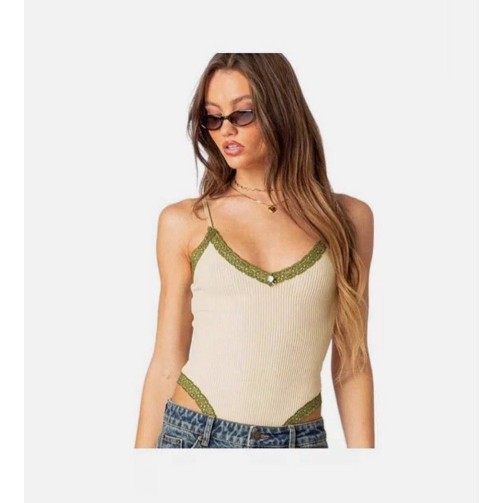 Edikted Women's Forest Lacey Ribbed Bodysuit Beige Size XSmall